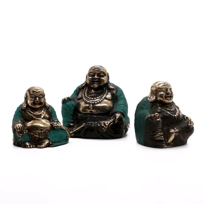 Three brass happy chinese style buddhas 5cm tall with bronze color teal robes and detailed jewelry weight included