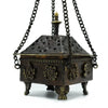 Brass tibetan burner square hanging pot with eight symbols antique bronze filigree and lion head feet suspended by chains