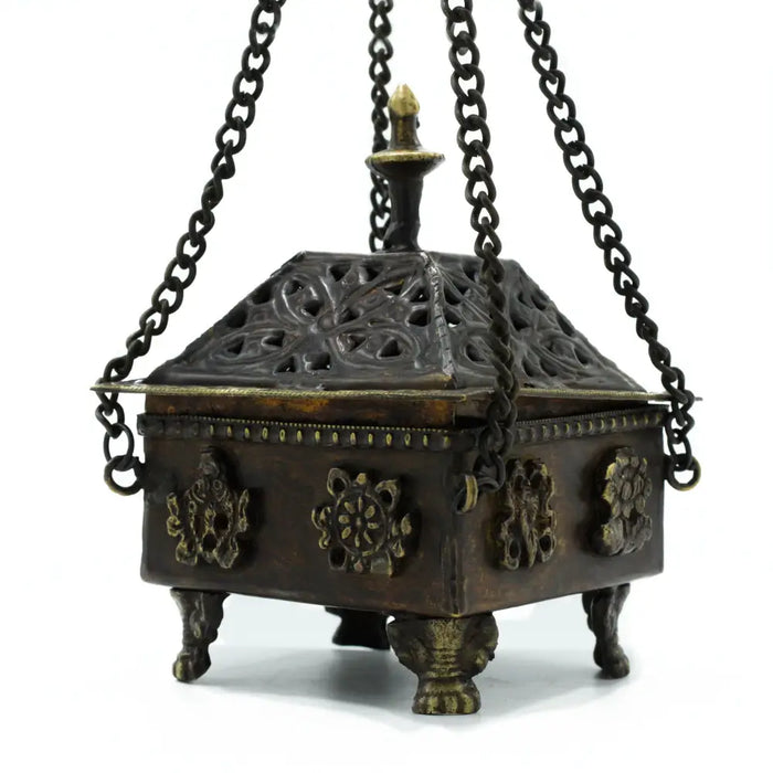 Brass tibetan burner square hanging pot with eight symbols antique bronze filigree and lion head feet suspended by chains