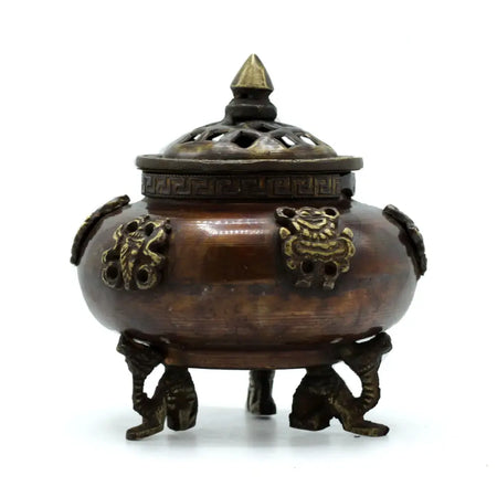 Antique bronze incense burner with six symbols standing pot design featuring lion-head handles and perforated lid tripod legs