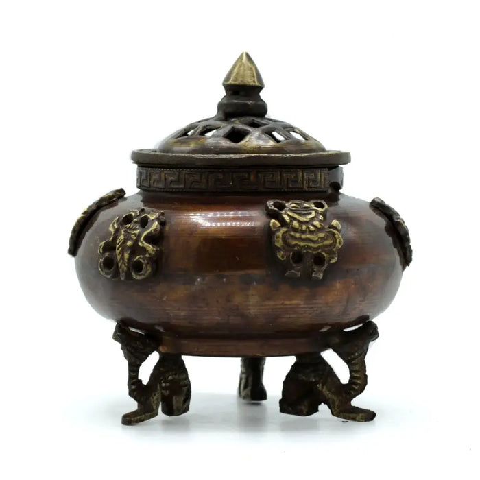 Antique bronze incense burner with six symbols standing pot design featuring lion-head handles and perforated lid tripod legs