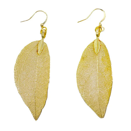 Bravery leaf earrings in gold with intricate vein patterns and a delicate metallic finish