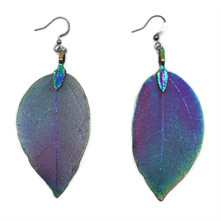 Bravery leaf earrings multi-coloured iridescent leaf shapes with metallic hooks and small iridescent stem accents