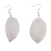 Bravery leaf earrings in silver with intricate vein detailing and a delicate metallic finish on a white background