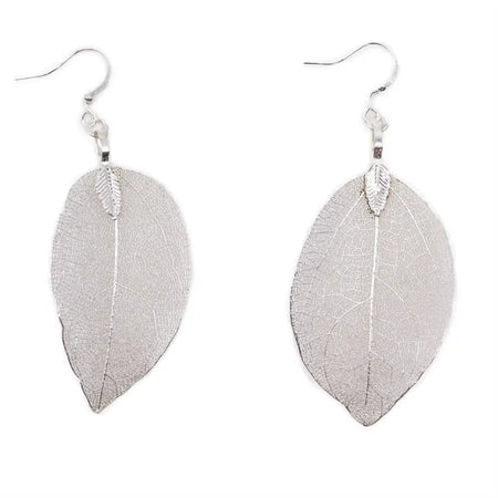 Bravery leaf earrings in silver with intricate vein detailing and a delicate metallic finish on a white background