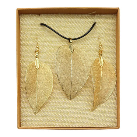 Gold leaf-shaped pendant necklace and matching earrings with vein details on black cord gift set
