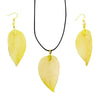 Gold braveness leaf necklace and earring set with black cord made of metal, ideal gift for nature lovers