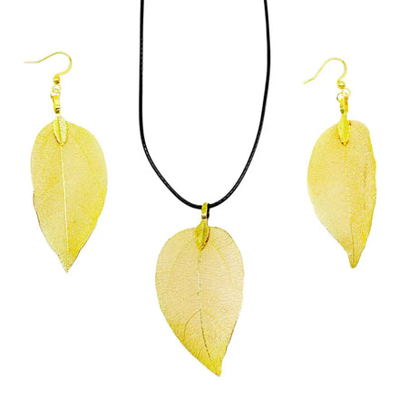 Gold braveness leaf necklace and earring set with black cord made of metal, ideal gift for nature lovers