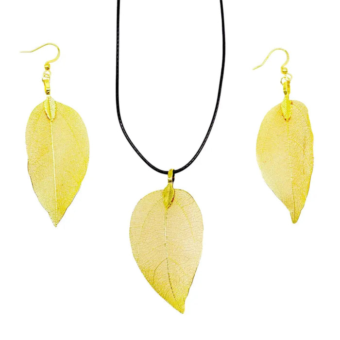 Gold braveness leaf necklace and earring set with black cord made of metal, ideal gift for nature lovers