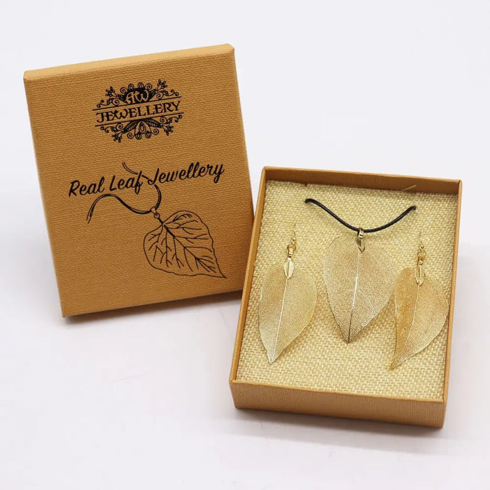 Bravery leaf gold necklace and earring set with gold leaf design displayed in a brown gift box