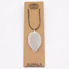 Silver bravery leaf necklace pendant on a black cord showing a detailed leaf shape made of silver metal