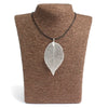 Silver bravery leaf necklace pendant on black cord showing a leaf necklace made of silver metal