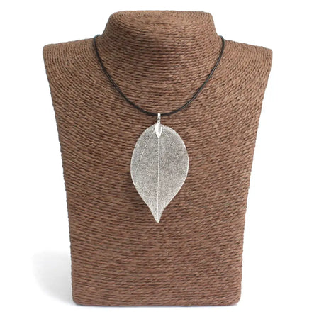 Silver bravery leaf necklace pendant on black cord showing a leaf necklace made of silver metal