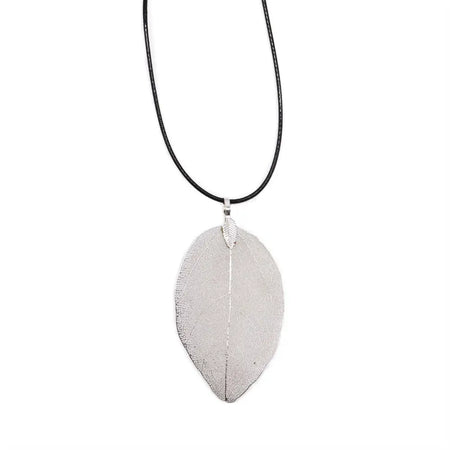 Silver bravery leaf necklace with a leaf-shaped pendant on a black cord made of silver material