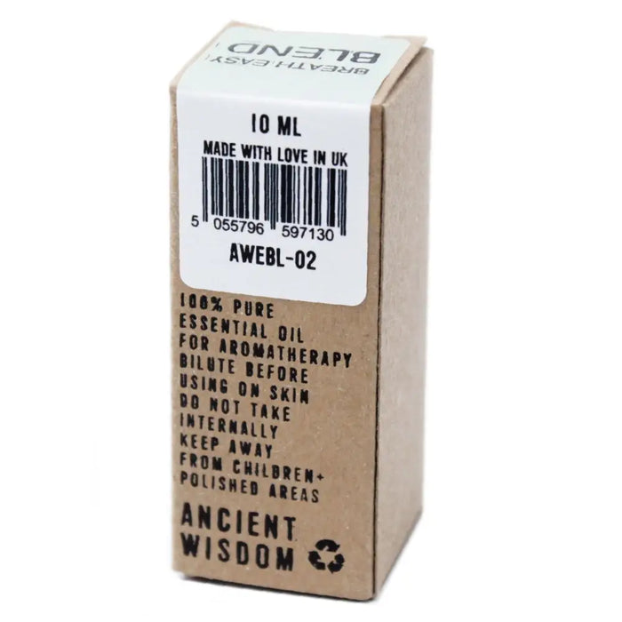 A brown cardboard box with a 10ml ancient wisdom easy essential oil blend bottle labeled with black text and barcode