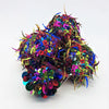 Bright multi-coloured sequinned bauble with spiked sequins and metallic streamers in a small diameter pile