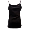 Black satin spaghetti strap top with subtle side embroidery paired with brown cotton geometric print vest with flowers