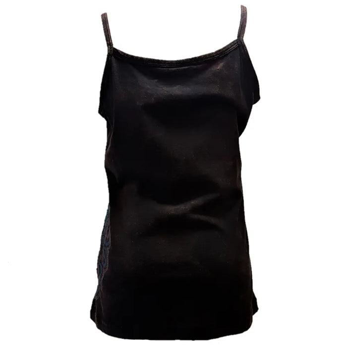 Black satin spaghetti strap top with subtle side embroidery paired with brown cotton geometric print vest with flowers