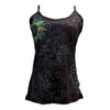 Black sleeveless cotton vest with embroidered sunflowers and teal gold blue geometric patterns