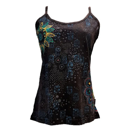 Black sleeveless cotton vest with embroidered sunflowers and teal gold blue geometric patterns
