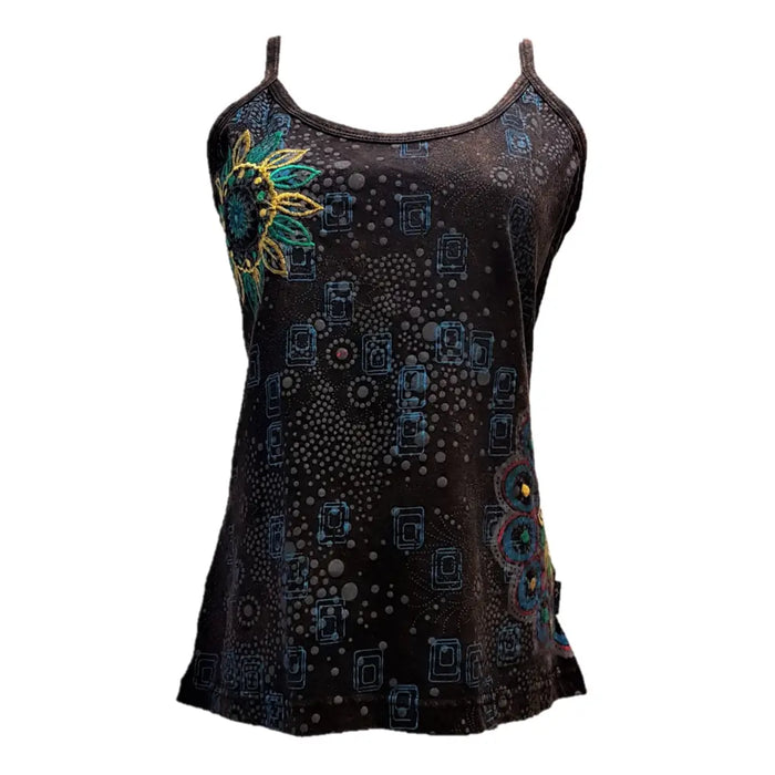 Black sleeveless cotton vest with embroidered sunflowers and teal gold blue geometric patterns