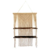 Beige macrame hanging shelves with two dark wood shelves showing macrame hanging and hanging shelves design