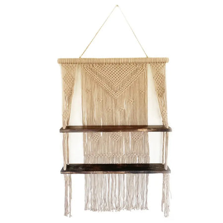 Beige macrame hanging shelves with two dark wood shelves showing macrame hanging and hanging shelves design