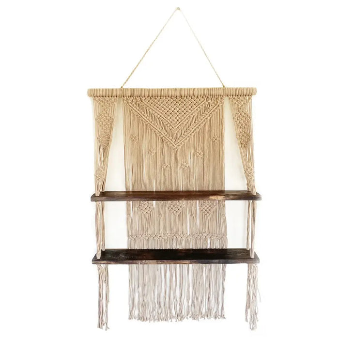 Beige macrame hanging shelves with two dark wood shelves showing macrame hanging and hanging shelves design