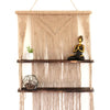 Beige macrame hanging shelves with two wooden shelves made of brown macrame hanging for wall decor