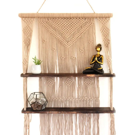 Beige macrame hanging shelves with two wooden shelves made of brown macrame hanging for wall decor