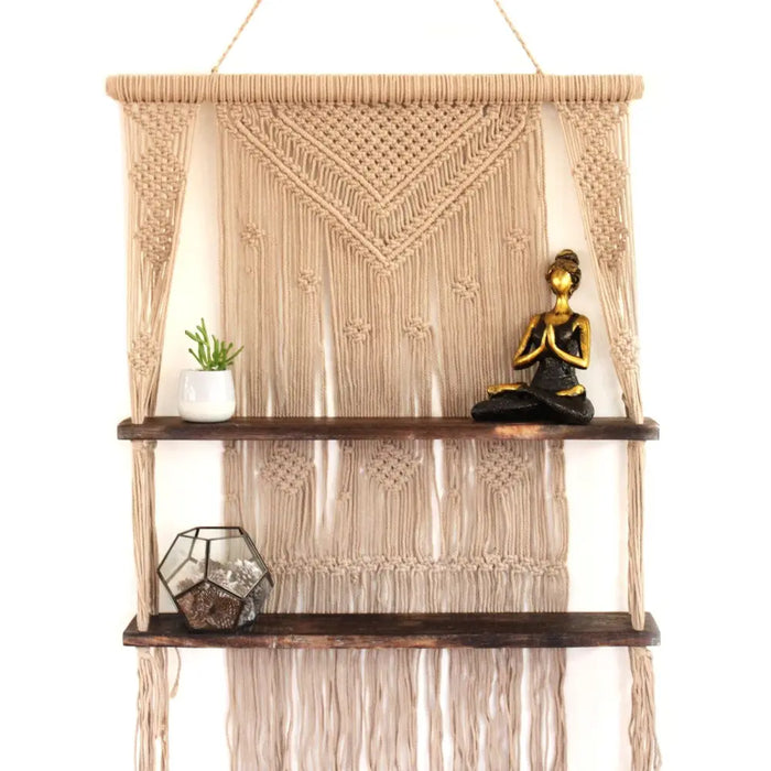 Beige macrame hanging shelves with two wooden shelves made of brown macrame hanging for wall decor