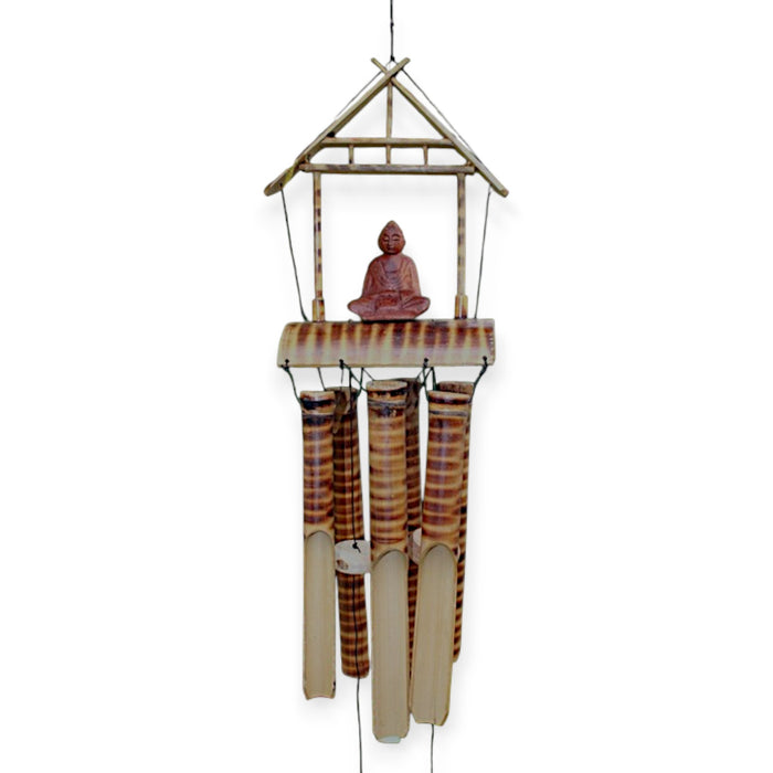 Natürliches Bambus-Windspiel - Brauner Buddha, 6 gestreifte Röhren