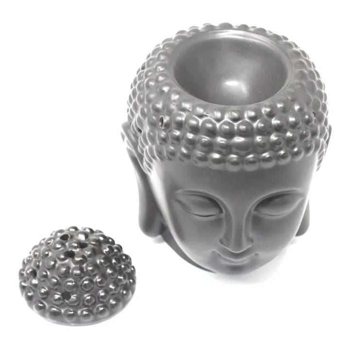 Gray ceramic buddha head oil burner with matching lid in dark brown for head oil and aromatherapy use