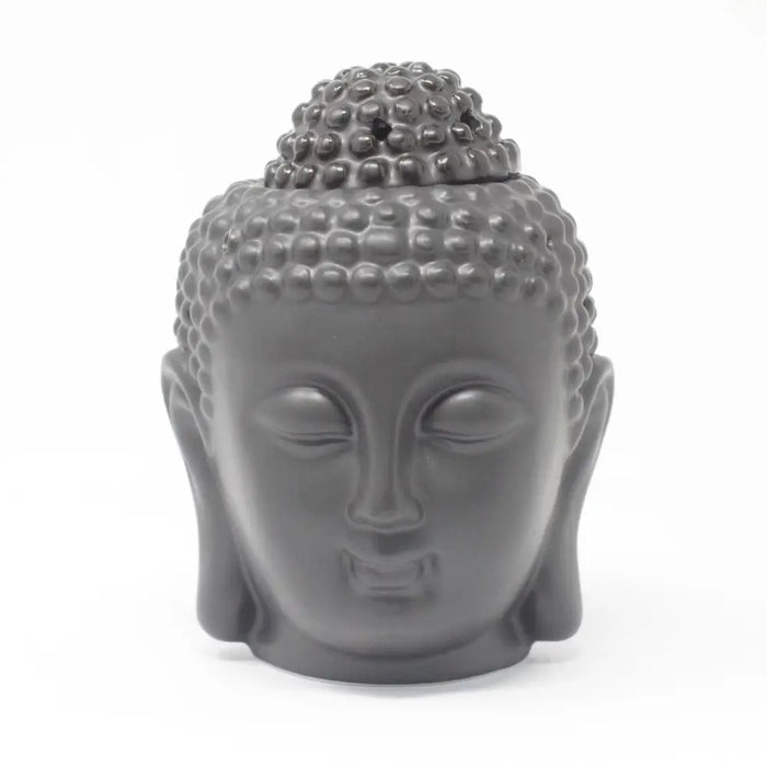 Gray ceramic buddha head oil burner with textured rounded features and a small top opening for head oil use