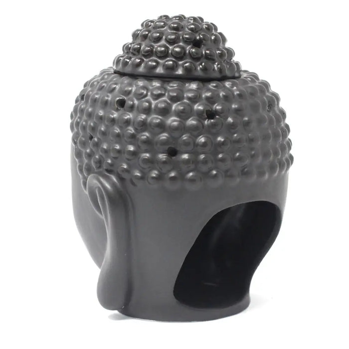 Dark brown black ceramic buddha head oil burner with textured rounded bumps and matching lid for head oil use