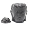 Black ceramic buddha head oil burner with matching domed lid for use as a dark brown head oil burner