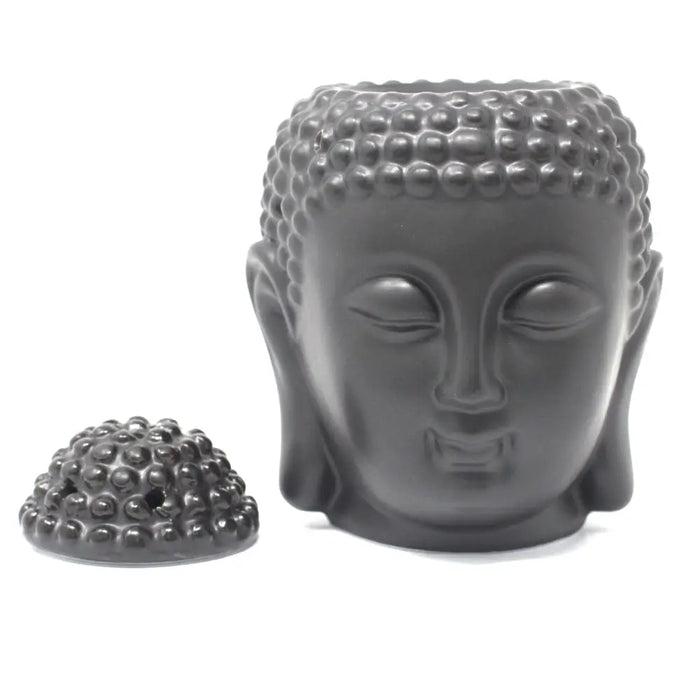 Black ceramic buddha head oil burner with matching domed lid for use as a dark brown head oil burner