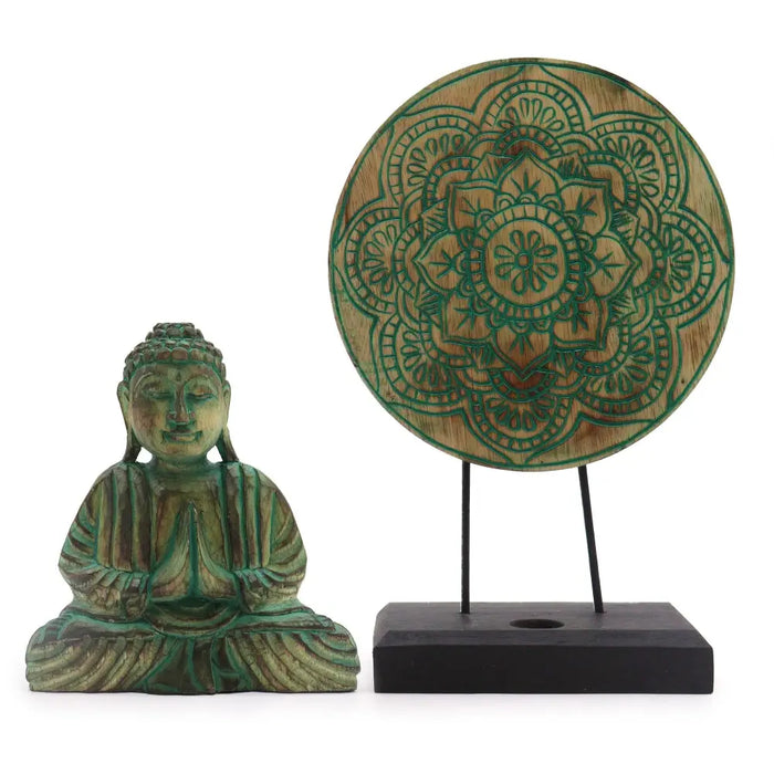 Hand carved wooden buddha statue with green patina finish seated in meditation pose for buddha feng shui set and buddha knot