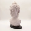 Gray stone buddha bust lamp with textured cracked surface and detailed curls featuring lavender crackle finish