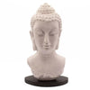 A serene off-white buddha bust sculpture with lavender crackle texture and detailed hair curls on a dark base