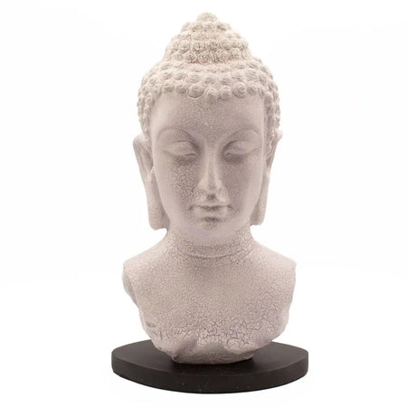 A serene off-white buddha bust sculpture with lavender crackle texture and detailed hair curls on a dark base