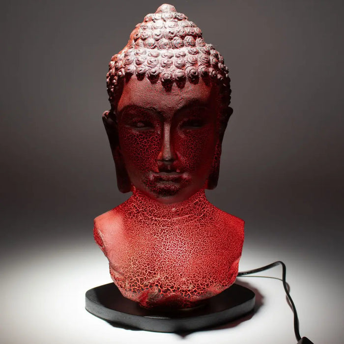 Red crackled resin buddha head lamp with molton lava effect and black base for ambient lighting