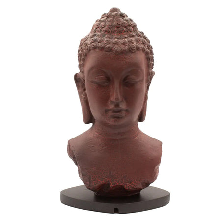 Red-brown buddha bust lamp with molton lava crackle finish and detailed textured hair and serene facial features