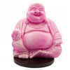 Pink dragonfruit crackle laughing buddha figurine with cracked finish seated in meditative pose on black base