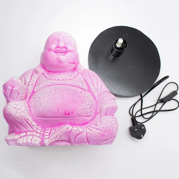 Pink laughing buddha lamp with dragonfruit crackle finish on black base and power cord