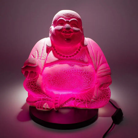 Pink glowing laughing buddha lamp with dragonfruit crackle translucent finish and crackled glass texture