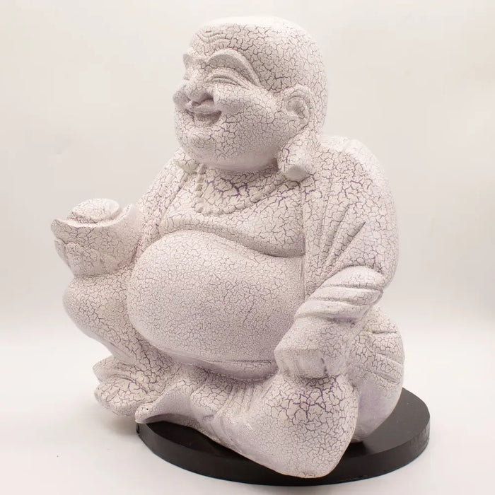 White cracked-finish laughing buddha statue with lavender crackle seated in meditative pose on black circular base