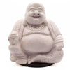 A crackled white resin laughing buddha statue with lavender crackle and detailed robes seated on a black base