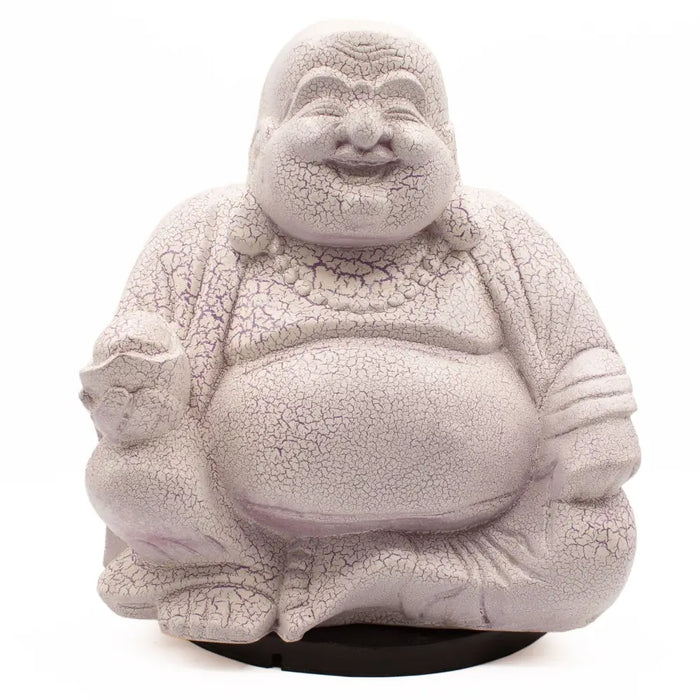 A crackled white resin laughing buddha statue with lavender crackle and detailed robes seated on a black base