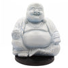 White cracked-finish laughing buddha statue seated in meditative pose on black base with sky blue crackle glow lamp
